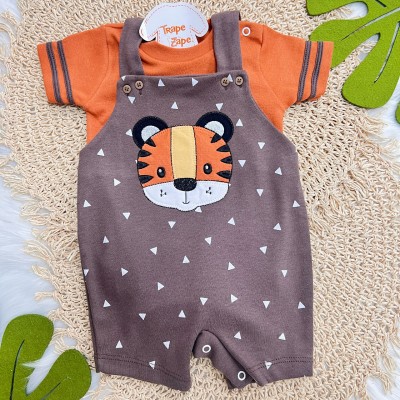 Conj. Body Manga Curta e Jardineira Tigrinho - Marrom e Terracota